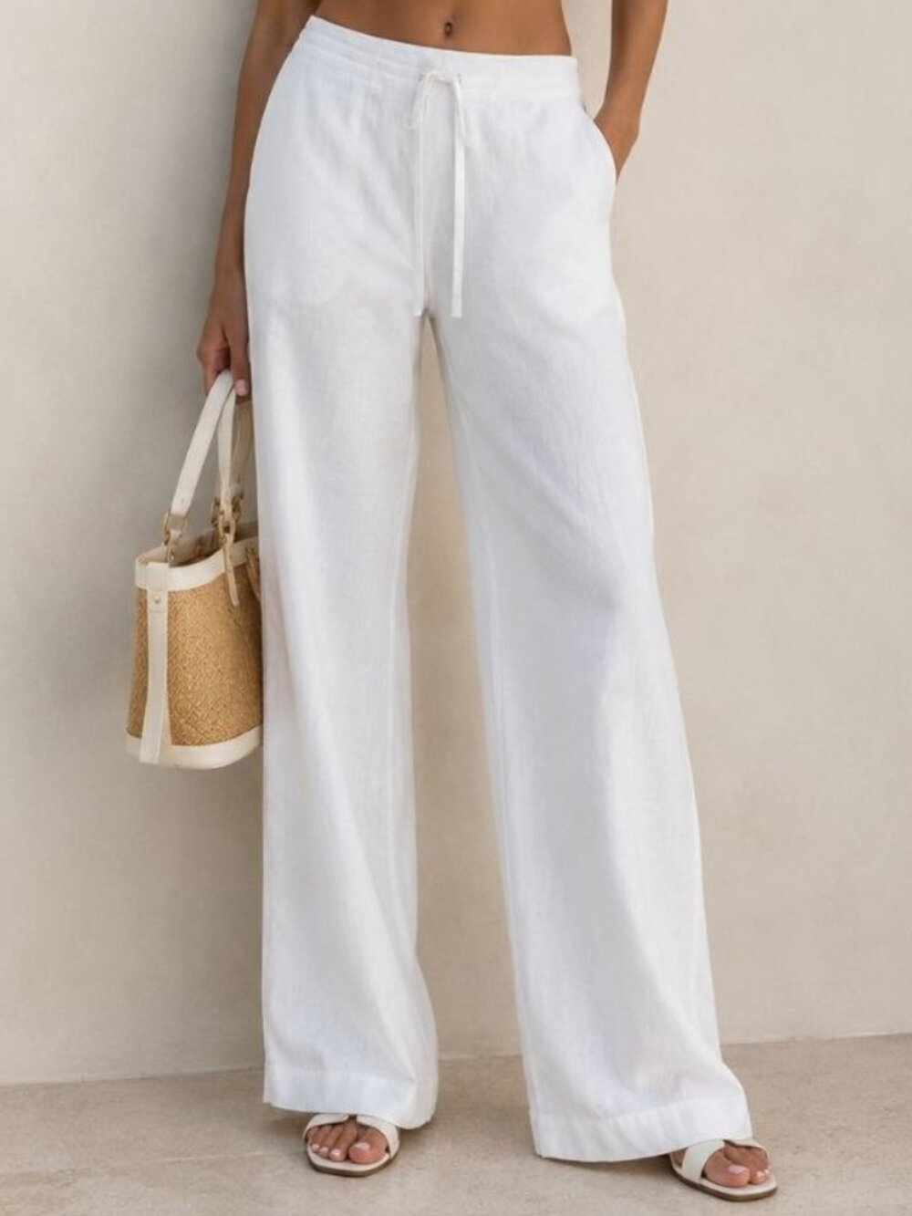 Lanzino White Linen Lined Wide Leg Pants Size M Coastal Quiet Luxury Resort Styl